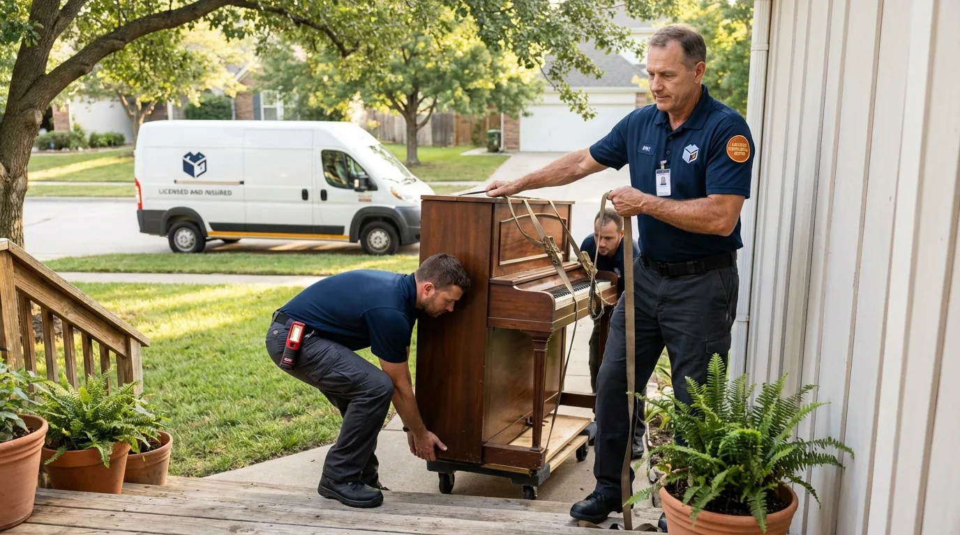 Licensed piano movers securing grand piano in Oceanside, NY