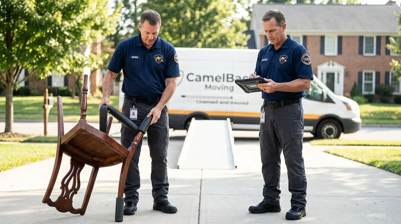 Movers inspecting furniture for damage prevention before loading in Oceanside, NY