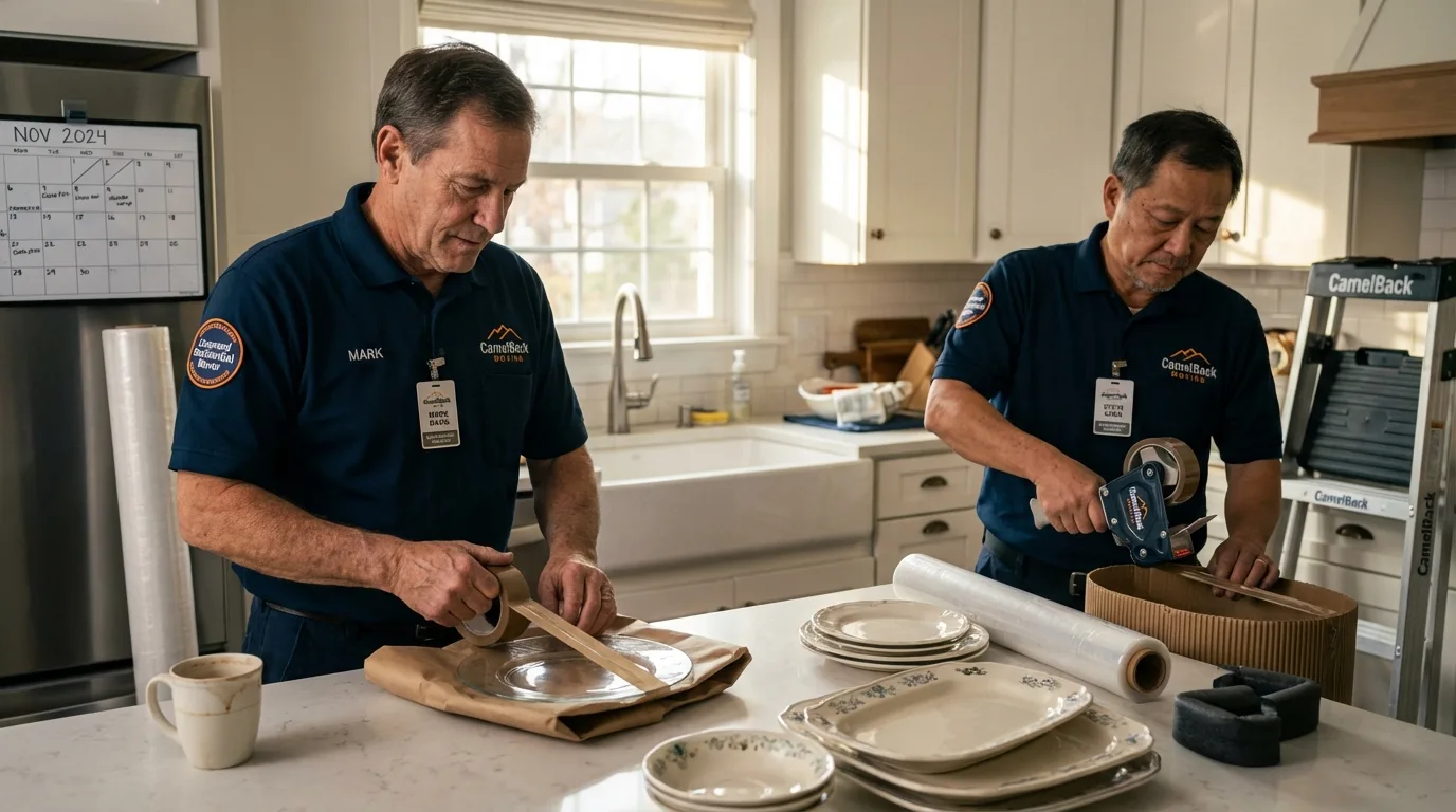Professional crew packing kitchen dishware in Oceanside, NY